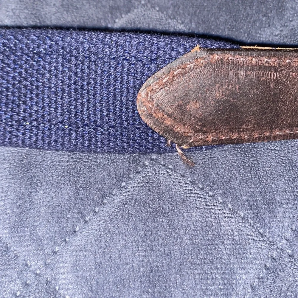 Vineyard Vines Brown Leather & Navy Woven Belt with Yellow Whale Pattern